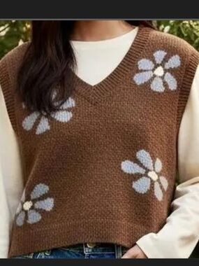 Hippie Rose Brown V-Neck Floral Knit Vest with Light Blue Blooms